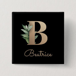Chapa Cuadrada Elegante Monograma Botánico Gold Letter B Button