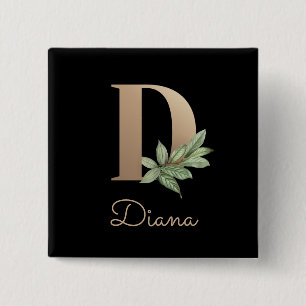 Chapa Cuadrada Elegante Monograma Botánico Gold Letter D Button