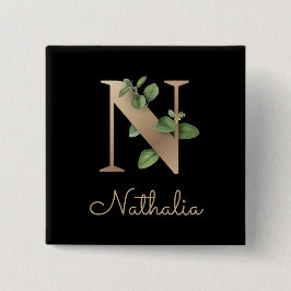 Chapa Cuadrada Elegante Monograma Botánico Gold Letter N Button