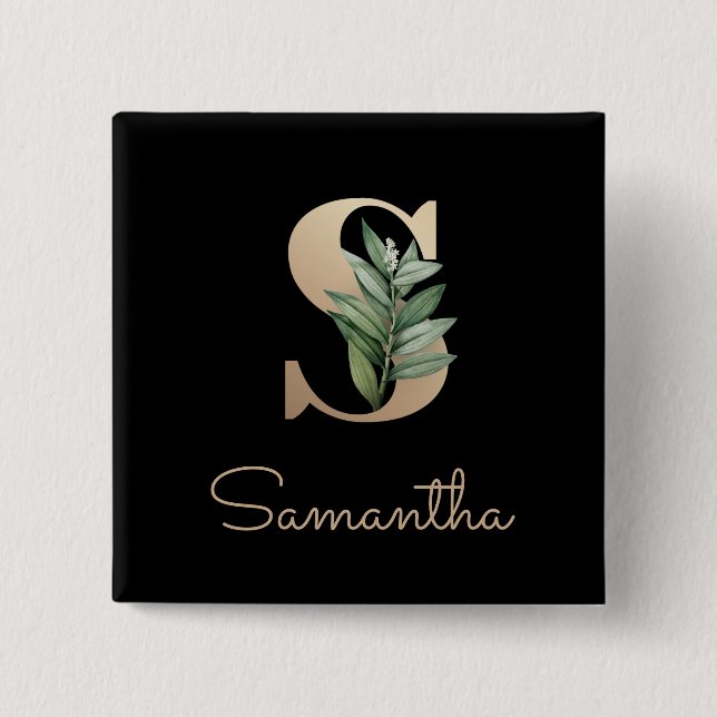 Chapa Cuadrada Elegante Monograma Botánico Gold Letter S Button (Anverso)