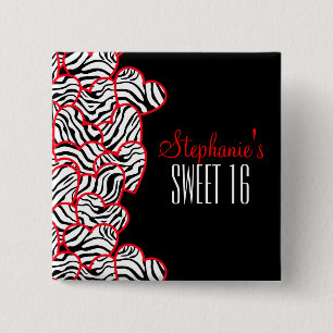 Chapa Cuadrada Elegante Red Sweet 16 Zebra Heart Design Name