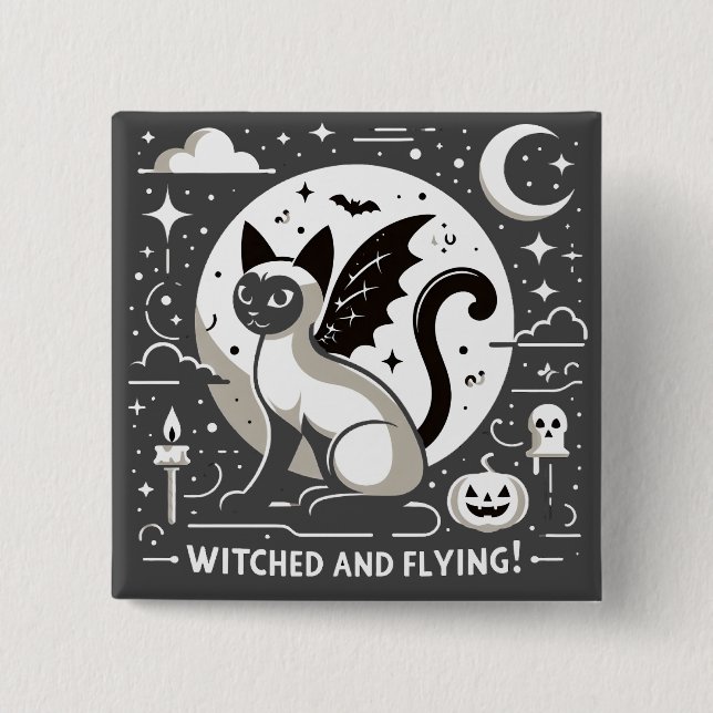 Chapa Cuadrada Encanto de Halloween: Gato siamés en vuelo caprich (Anverso)
