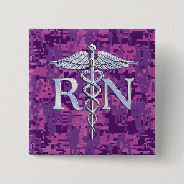 Chapa Cuadrada Enfermera inscrita RN Silver Caduceus Fuchsia Camo (Anverso)