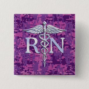 Chapa Cuadrada Enfermera inscrita RN Silver Caduceus Fuchsia Camo