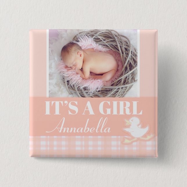 Chapa Cuadrada "Es un chica", foto de recién nacido y placa de me (Anverso)