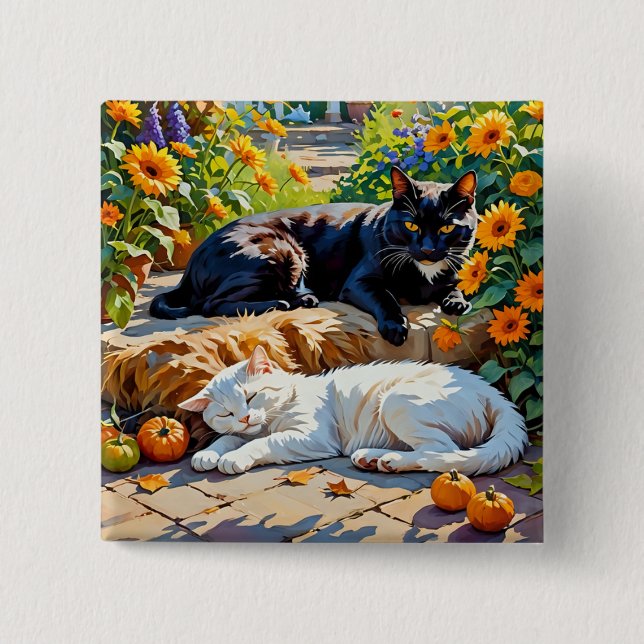 Chapa Cuadrada Escena del jardín de gatos y calabazas de otoño (Anverso)