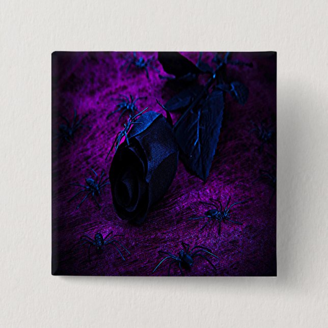 Chapa Cuadrada Espeluznante Rosa de material negro, arañas negras (Anverso)