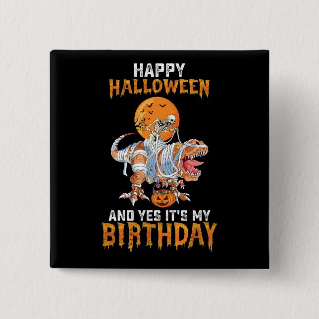 Chapa Cuadrada Esqueleto de Halloween de cumpleaños montando dino (Anverso)