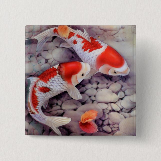 Chapa Cuadrada Estanque de peces rojo y blanco de Koi (Anverso)