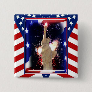 Chapa Cuadrada Estatua de la Libertad con fuegos artificiales par