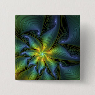 Chapa Cuadrada Estrella abstracta, arte fractal dorado verde azul