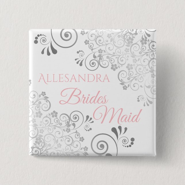 Chapa Cuadrada Etiqueta de nombre de dama de honor rosa y gris co (Anverso)