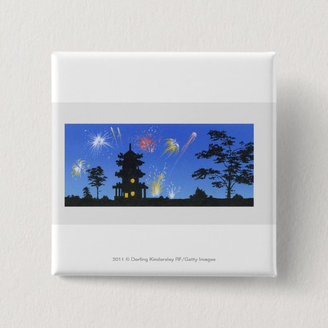 Chapa Cuadrada Exhibición del fuego artificial y silueta de la (Anverso)
