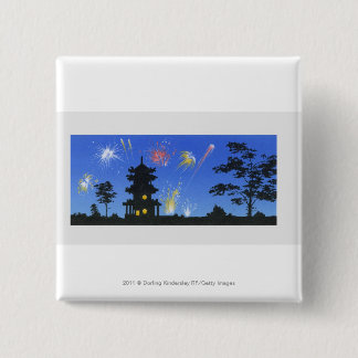 Chapa Cuadrada Exhibición del fuego artificial y silueta de la