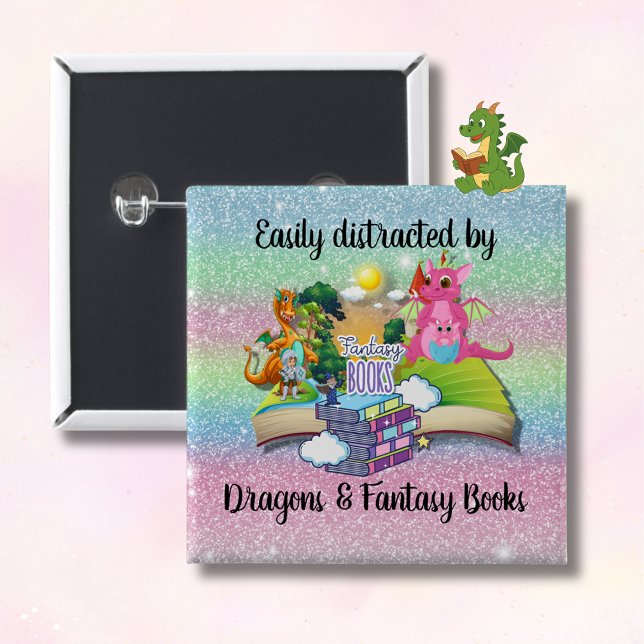Chapa Cuadrada Fácilmente distrado por dragones y libros fantasma (Easily distracted by Dragons and Fantasy Books pin with reading dragon
)