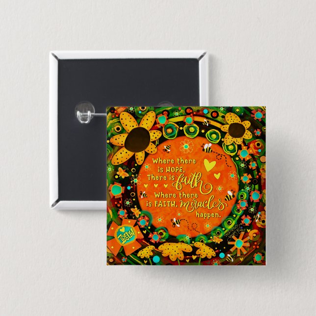 Chapa Cuadrada Faith Bonito Naranja Floral Amarilla Bumblebee Ire (Anverso y reverso)