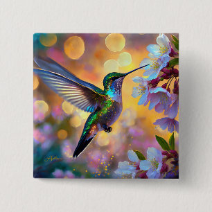 Chapa Cuadrada Fantasía de flor de cerezo Colibrí