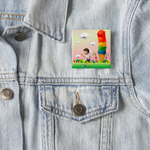 Chapa Cuadrada Fantasía helado conejo con niño en carrera feliz