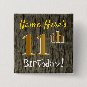 Chapa Cuadrada Faux Wood, Faux Gold 11th Birthday + Custom Name