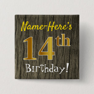 Chapa Cuadrada Faux Wood, Faux Gold 14th Birthday + Custom Name
