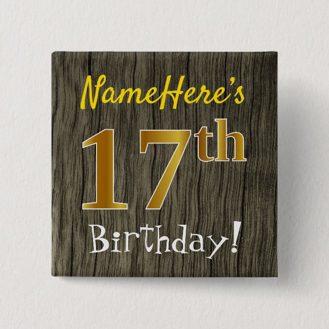 Chapa Cuadrada Faux Wood, Faux Gold 17th Birthday + Custom Name (Anverso)