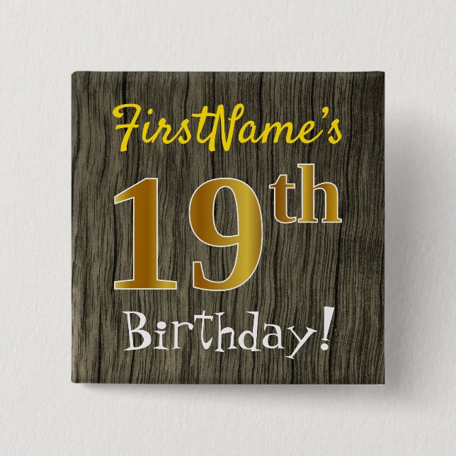 Chapa Cuadrada Faux Wood, Faux Gold 19th Birthday + Custom Name (Anverso)
