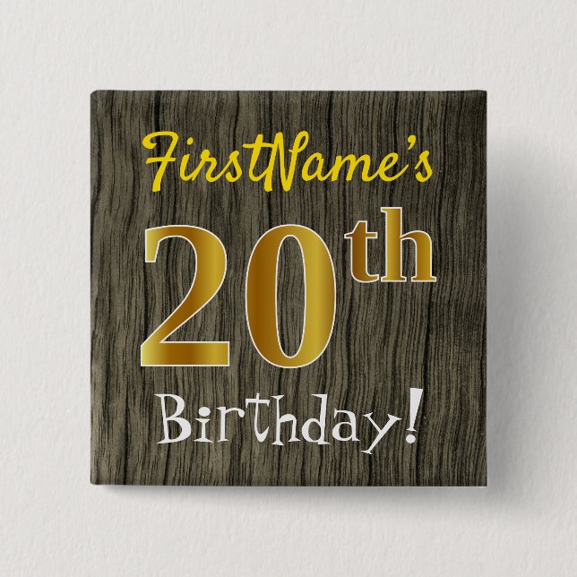 Chapa Cuadrada Faux Wood, Faux Gold 20th Birthday + Custom Name (Anverso)