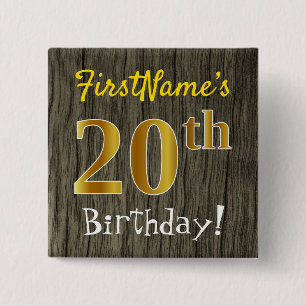 Chapa Cuadrada Faux Wood, Faux Gold 20th Birthday + Custom Name