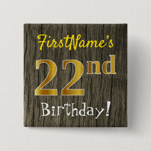 Chapa Cuadrada Faux Wood, Faux Gold 22nd Birthday + Custom Name