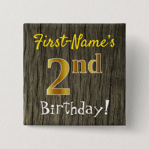 Chapa Cuadrada Faux Wood, Faux Gold 2Cumpleaños + Custom Name