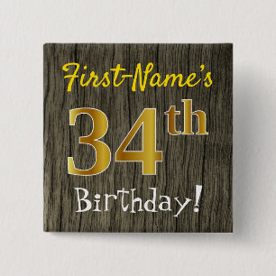 Chapa Cuadrada Faux Wood, Faux Gold 34th Birthday + Custom Name
