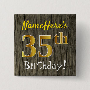 Chapa Cuadrada Faux Wood, Faux Gold 35th Birthday + Custom Name