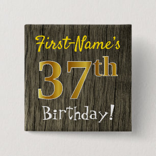 Chapa Cuadrada Faux Wood, Faux Gold 37th Birthday + Custom Name