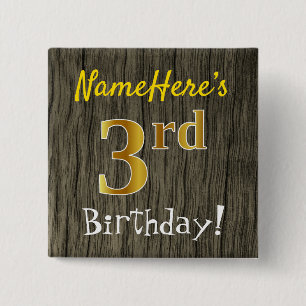 Chapa Cuadrada Faux Wood, Faux Gold 3Cumpleaños + Custom Name