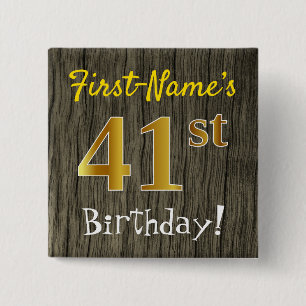 Chapa Cuadrada Faux Wood, Faux Gold 41st Birthday + Custom Name