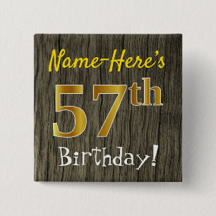 Chapa Cuadrada Faux Wood, Faux Gold 57th Birthday + Custom Name