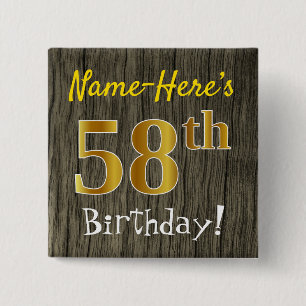 Chapa Cuadrada Faux Wood, Faux Gold 58th Birthday + Custom Name