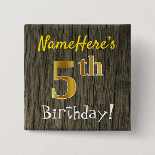 Chapa Cuadrada Faux Wood, Faux Gold 5Cumpleaños + Custom Name