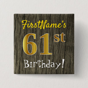 Chapa Cuadrada Faux Wood, Faux Gold 61st Birthday + Custom Name