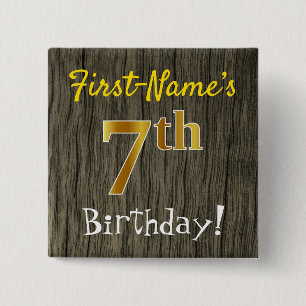 Chapa Cuadrada Faux Wood, Faux Gold 7Cumpleaños + Custom Name