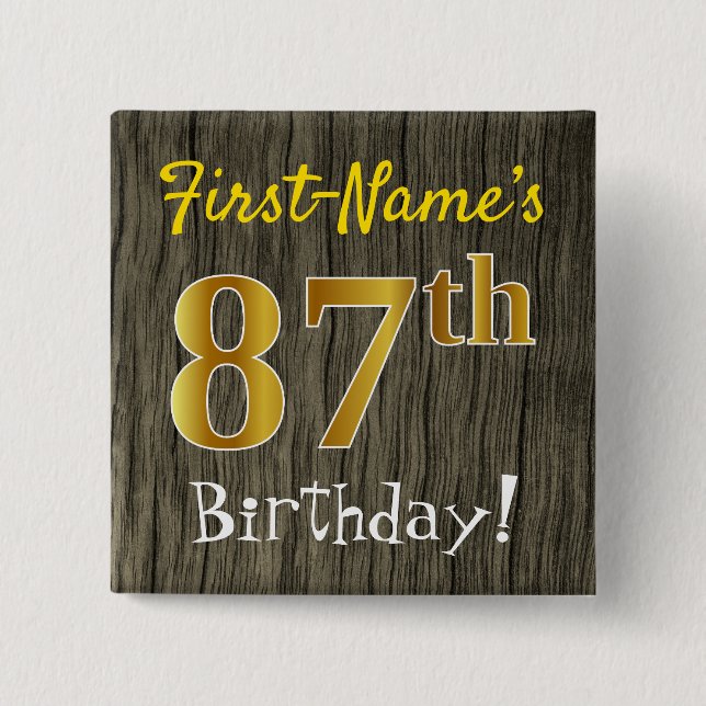 Chapa Cuadrada Faux Wood, Faux Gold 87th Birthday + Custom Name (Anverso)