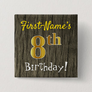Chapa Cuadrada Faux Wood, Faux Gold 8Cumpleaños + Custom Name