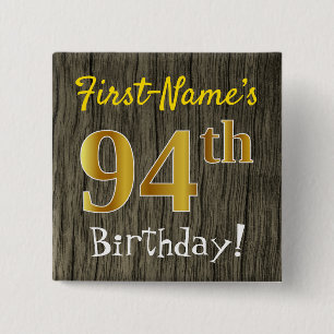 Chapa Cuadrada Faux Wood, Faux Gold 94th Birthday + Custom Name