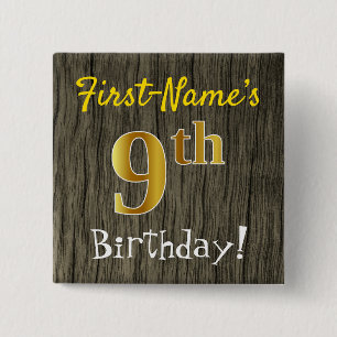 Chapa Cuadrada Faux Wood, Faux Gold 9Cumpleaños + Custom Name