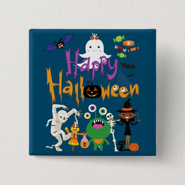 Chapa Cuadrada Felices y felices niños de Halloween adorables (Anverso)