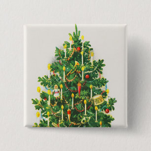 Chapa Cuadrada Felicitaciones de Navidad, tarjeta vintage, árbol