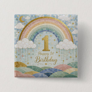 Chapa Cuadrada Feliz 1er Cumpleaños Diseño de Nube Arcoíris Mosai