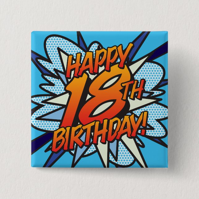 Chapa Cuadrada FELIZ CUMPLEAÑOS 18 divertido cómic retro (Anverso)