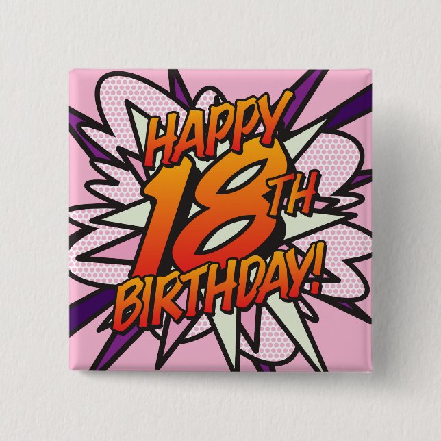 Chapa Cuadrada FELIZ CUMPLEAÑOS 18 Pink Fun Retro Libro de Cómic (Anverso)
