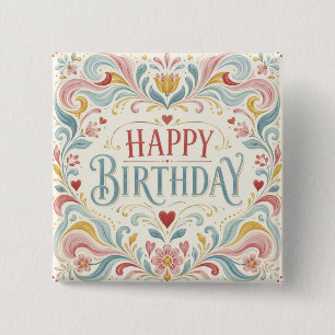 Chapa Cuadrada Feliz Cumpleaños Arte Popular Escandinavo Florales